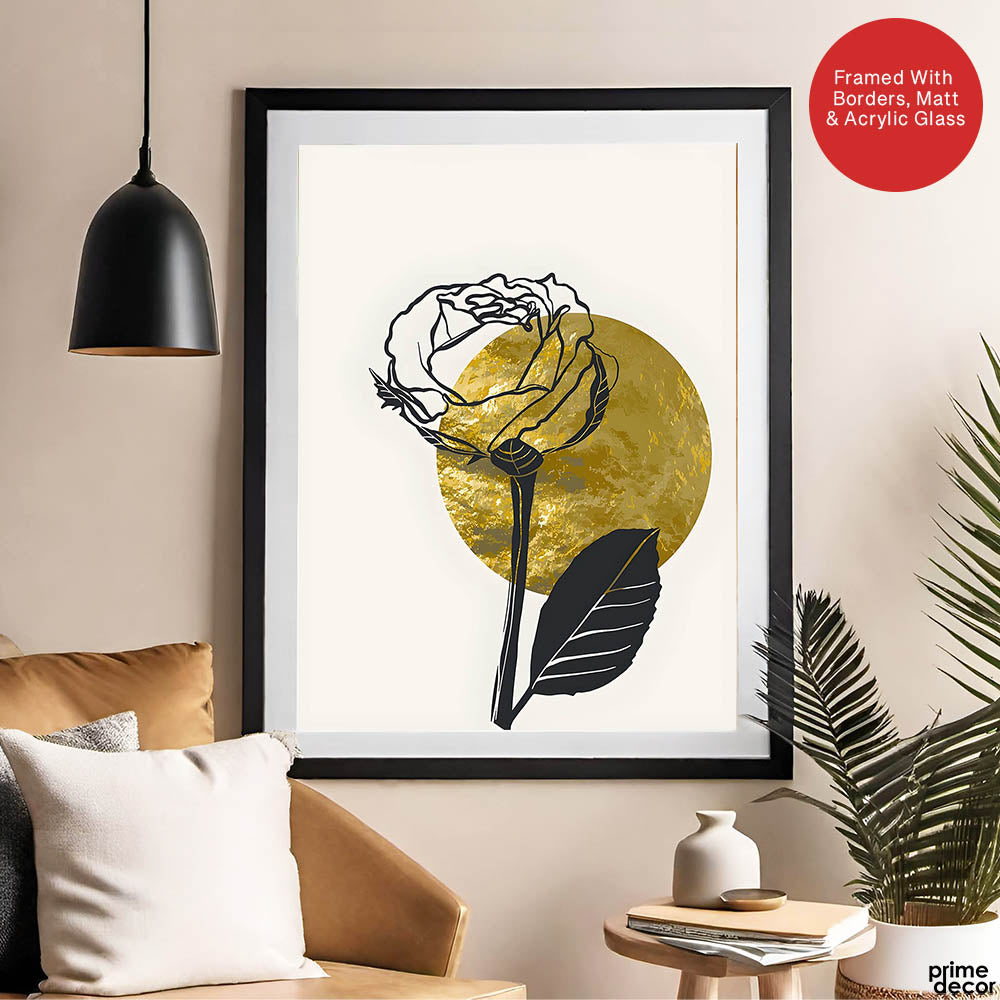 Black Rose Over Golden Moon Design | Abstract Floral Artwork #0062 - Prime Décor