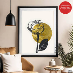 Black Rose Over Golden Moon Design | Abstract Floral Artwork #0062 - Prime Décor