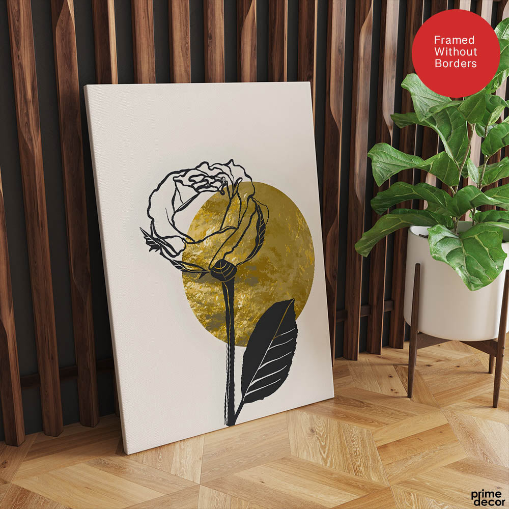 Black Rose Over Golden Moon Design | Abstract Floral Artwork #0062 - Prime Décor