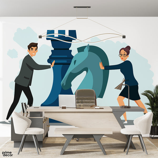 Chess Artwork Over White Blue Background | Office Wallpaper Mural
