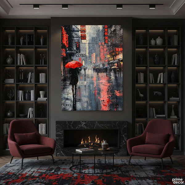 Red Umbrella in Rainy Tokyo (Single Panel) Digital Painting Wall Art