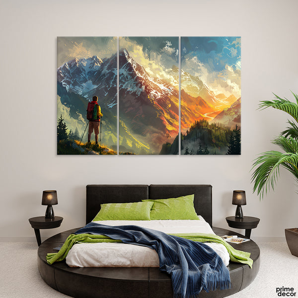 Abstract Artwork Of A Hiker In A Mountain Landscape (3 Panel) Nature Wall Art