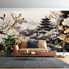 Pastel Grey & Sand Brown Flowers With Chinese Pagoda | Nature Wallpaper Mural