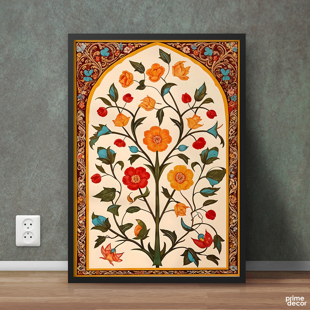 Mughal Era Style Arch With Flowers Artwork | Digital Painting Wall Art On Sale - Prime Décor
