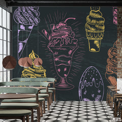 Abstract Pencil Artwork Of Ice Cream Over Black Background | Cafe Wallpaper Mural