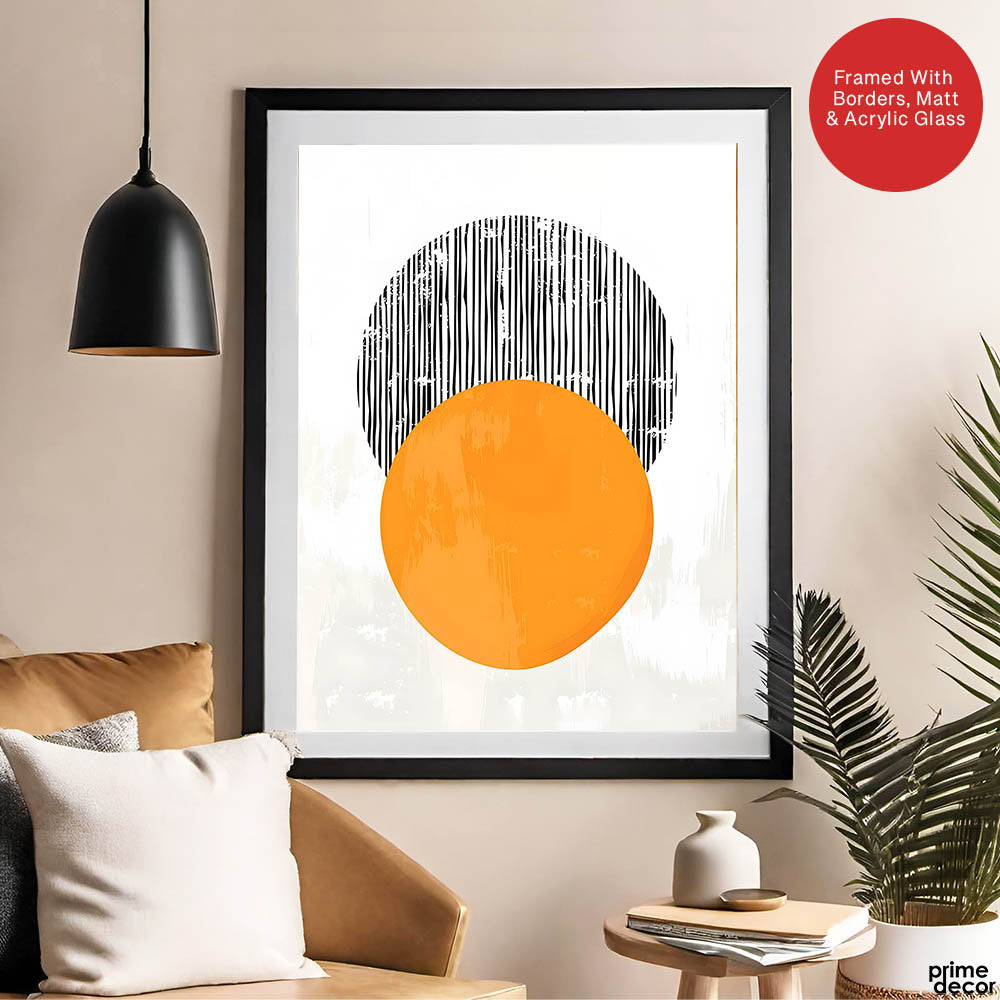 Black Lines Over Orange & White Background Moon Shape Design | Abstract Office Artwork #0064 - Prime Décor