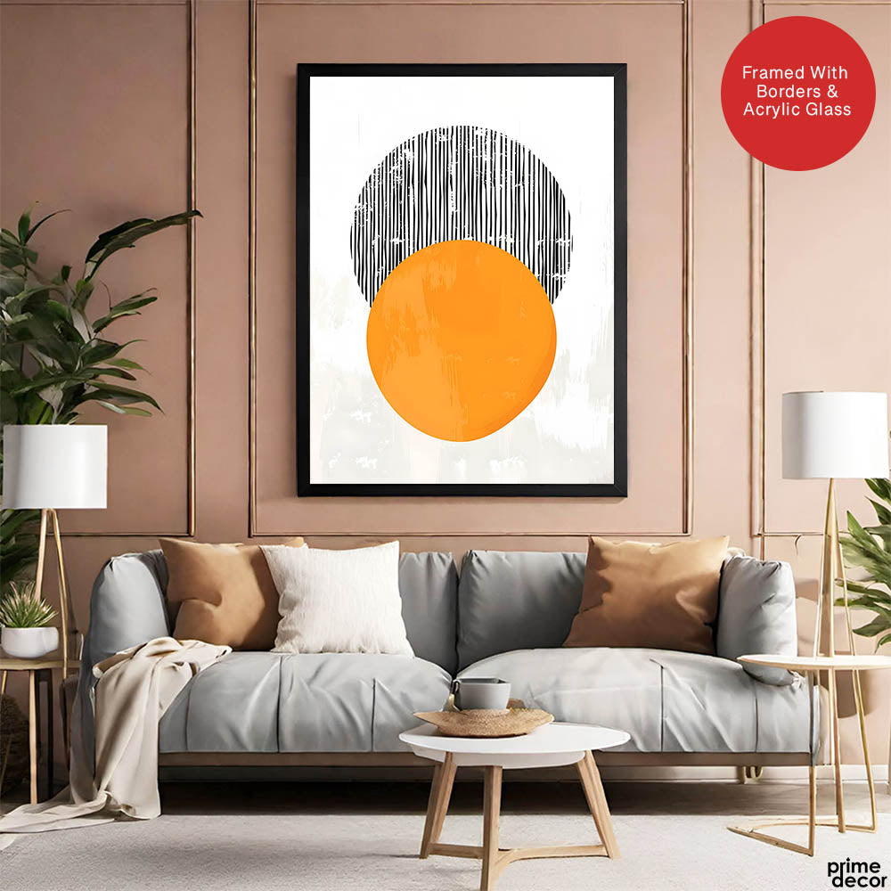 Black Lines Over Orange & White Background Moon Shape Design | Abstract Office Artwork #0064 - Prime Décor