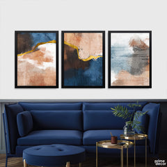 Navy & Terracotta Textured with Gold Ribbon (3 Panel) Abstract Wall Art