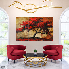 Abstract Artwork Of A Tree With Red Leaves (3 Panel) Nature Wall Art