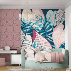Nile Blue & Baby Pink Exotic Tropical Leaves | Floral Wallpaper Mural - Prime Décor