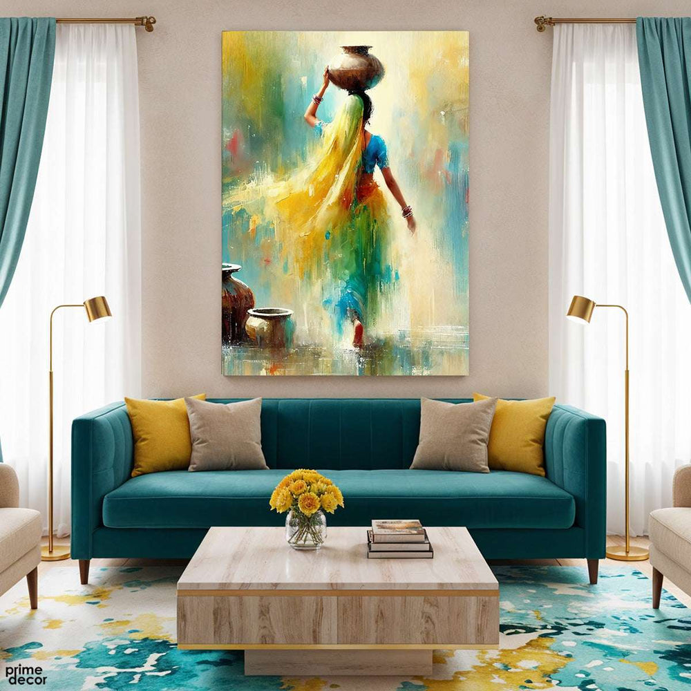 Rural Woman Carrying Water Pot (Single Panel) Digital Painting Wall Art