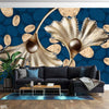 Abstract Golden Flowers Over Blue Background  | Floral Wallpaper Mural