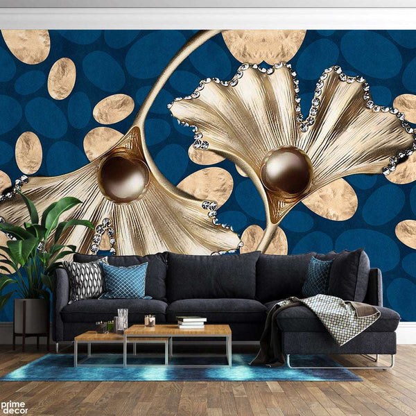 Abstract Golden Flowers Over Blue Background  | Floral Wallpaper Mural