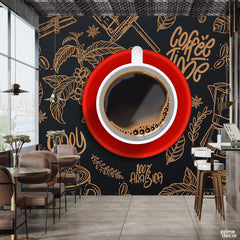 Abstract Artwork Of Coffee Cup With Gold & Black Background | Cafe Wallpaper Mural