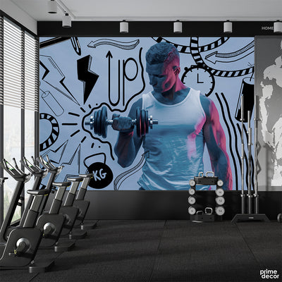 Guy Doing Bicep Curls With Black Doodling Illustrations | Gym Wallpaper Mural - Prime Décor