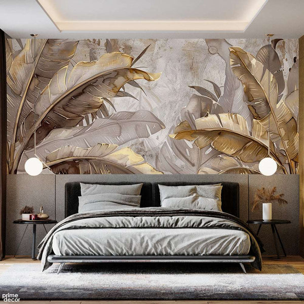 Abstract Gold Exotic Leaves Over Grey Background | Floral Wallpaper Mural