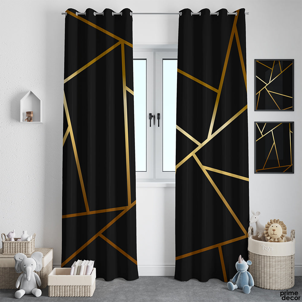 Black With Golden Foil Strip | Abstract Curtains #066 - Prime Décor