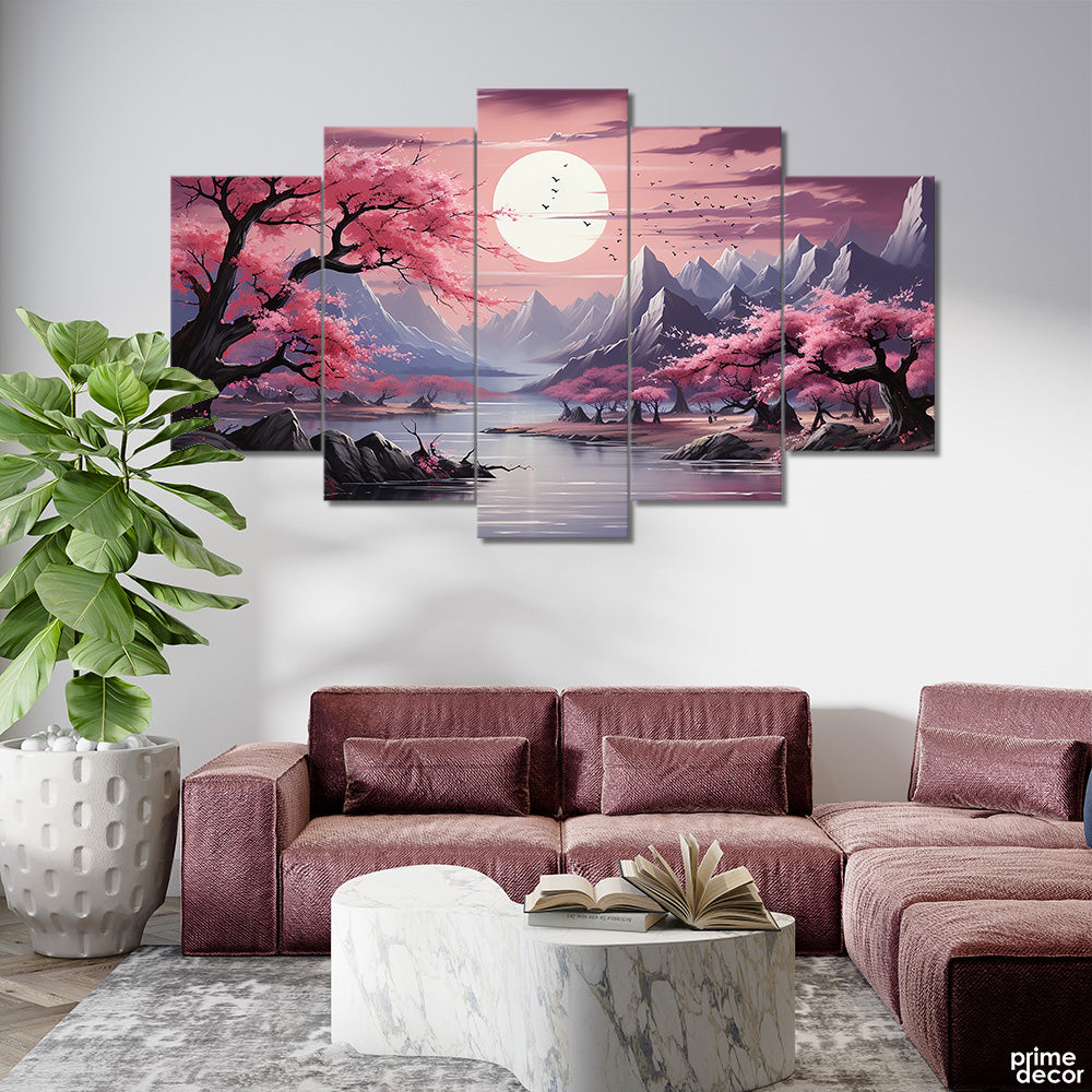 Cherry Blossoms By The Lake In Mountainous Landscape (5 Panel) Nature Wall Art - Prime Décor