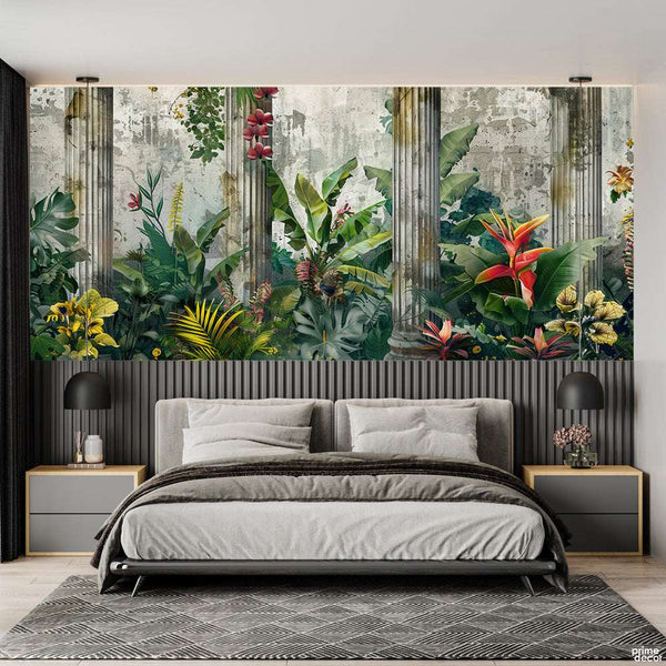 Abstract Beautiful Forest Style Artwork Over Grey Background | Floral Wallpaper Mural