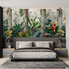 Abstract Beautiful Forest Style Artwork Over Grey Background | Floral Wallpaper Mural