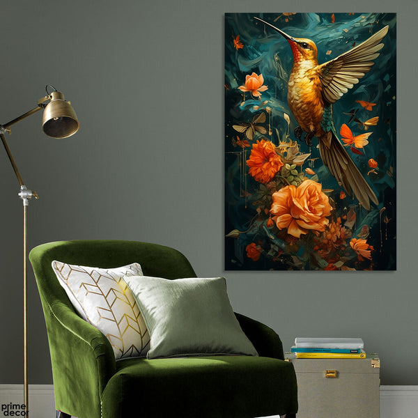 Beautiful Flying Bird With Orange Flowers (Single Panel) Floral Wall Art