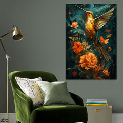 Beautiful Flying Bird With Orange Flowers (Single Panel) Floral Wall Art