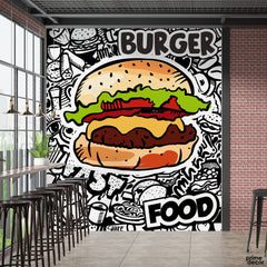 Burger Artwork Over Black & White Background | Restaurant Wallpaper Mural