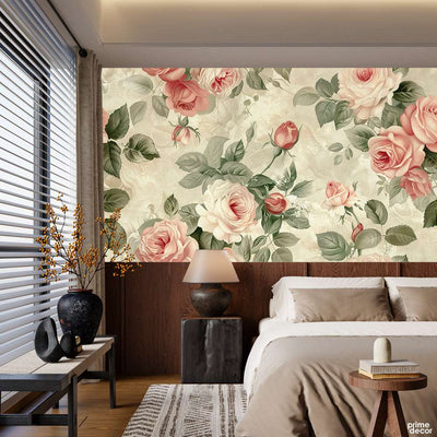 Beautiful White & Pink Flowers Over Beige Background| Floral Wallpaper Mural