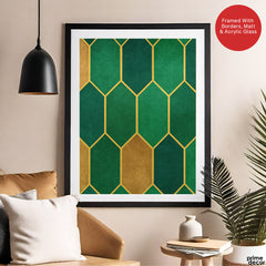 Green & Beige Geometric Artwork With Golden Lines  | Abstract Fashion Artwork #00686