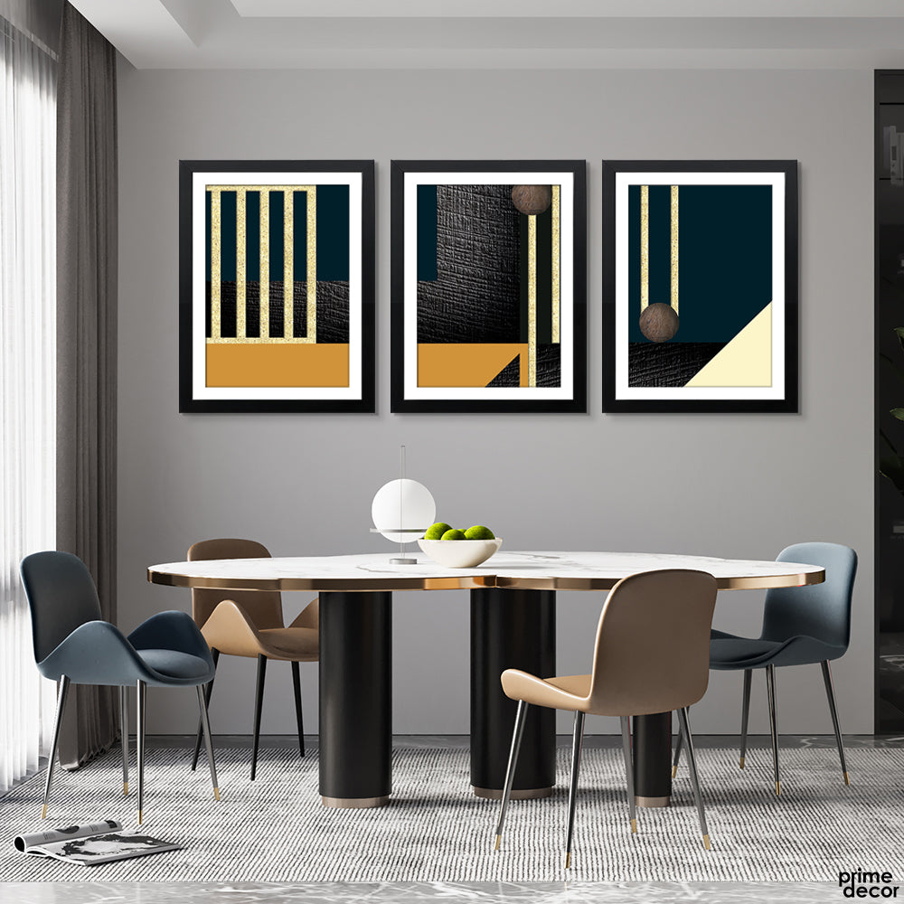 Mustard & Charcoal Abstract Lines (3 Panel) Office Wall Art - Prime Décor