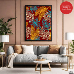 Orange & Blue Exotic Leaves Over Maroon Background | Abstract Floral Artwork #00695