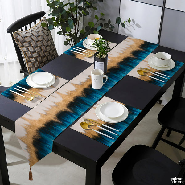 Deep Teal Blue & Pastel Beige Abstract Strokes Style | Table Runner and Placemat Set