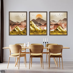 Celestial Harvest Sun & Gold Leaf Peaks (3 Panel) Abstract Wall Art