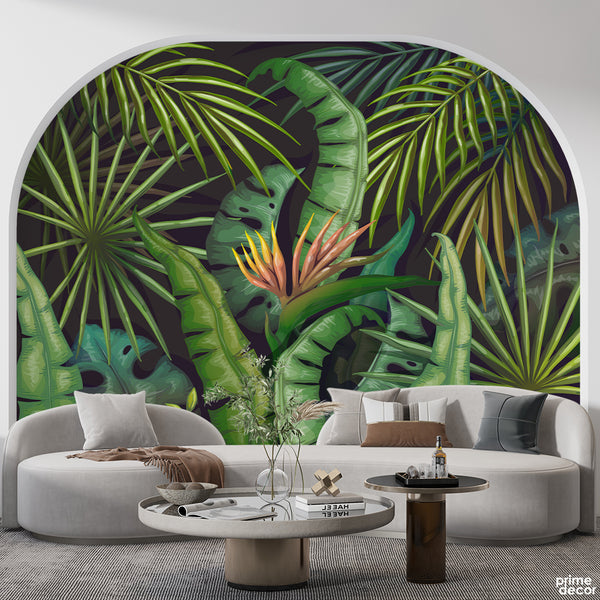 Abstract Green Exotic Leaves Artwork Over Black Background | Floral Wallpaper Mural