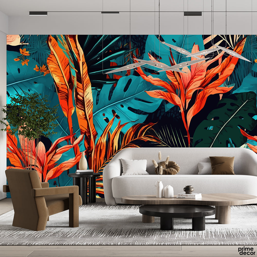 Orange & Teal Exotic Tropical Leaves | Floral Wallpaper Mural - Prime Décor