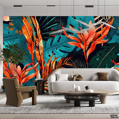 Orange & Teal Exotic Tropical Leaves | Floral Wallpaper Mural - Prime Décor