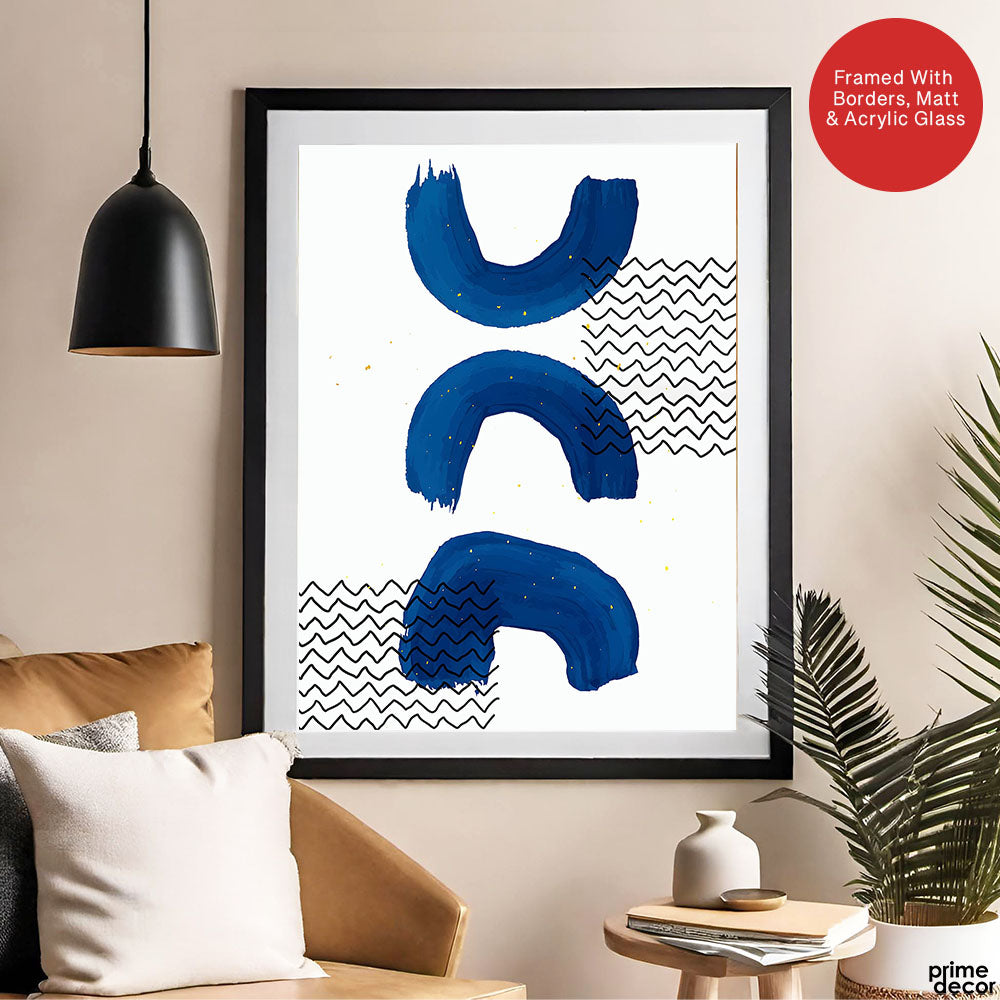 Black Lines Over Blue Paint Strokes With White Background | Abstract Office Artwork #0069 - Prime Décor