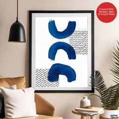 Black Lines Over Blue Paint Strokes With White Background | Abstract Office Artwork #0069 - Prime Décor