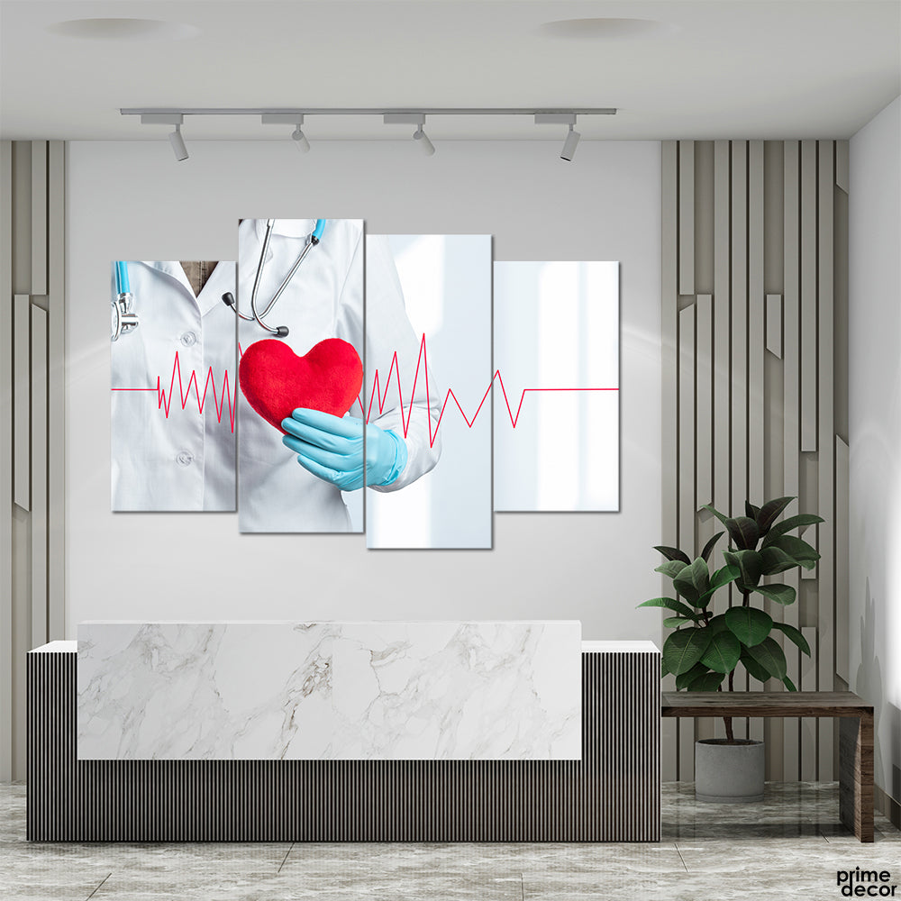 Doctor Holding Plushy Heart With Heartbeat (4 Panel) Hospital Wall Art - Prime Décor