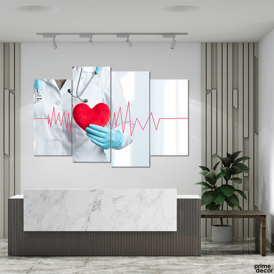 Doctor Holding Plushy Heart With Heartbeat (4 Panel) Hospital Wall Art - Prime Décor
