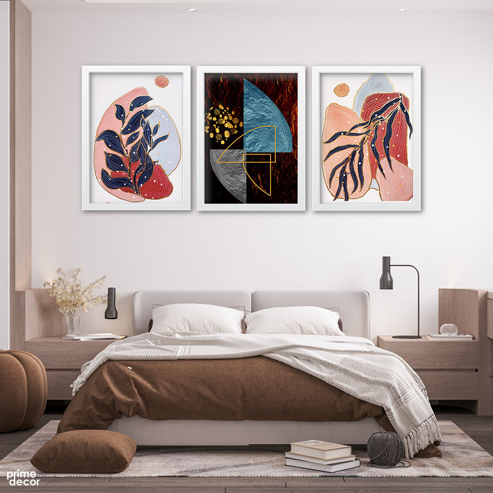 Mystic Navy Leaves (3 Panel) Floral Wall Art - Prime Décor