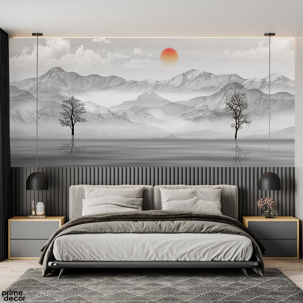 Black & White Mountains Artwork With Black Trees | Nature Wallpaper Mural