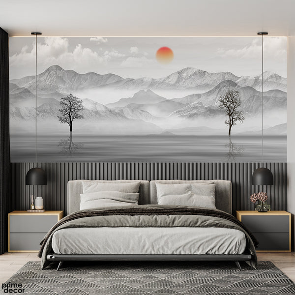 Black & White Mountains Artwork With Black Trees | Nature Wallpaper Mural