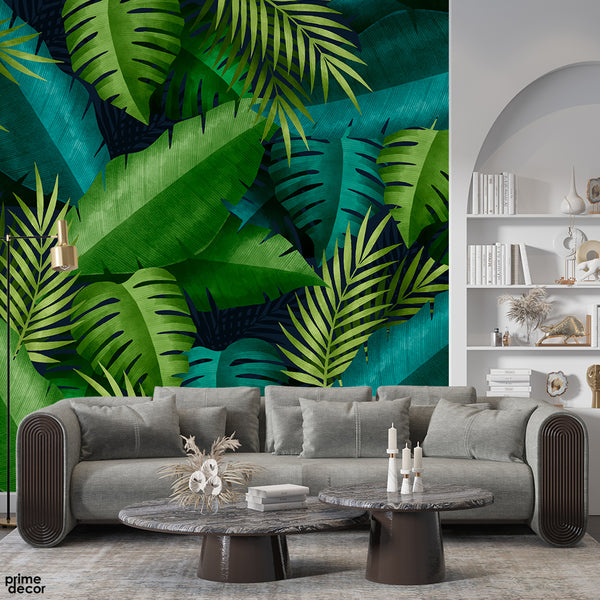 Abstract Exotic Leaves In Green Color Shades | Floral Wallpaper Mural