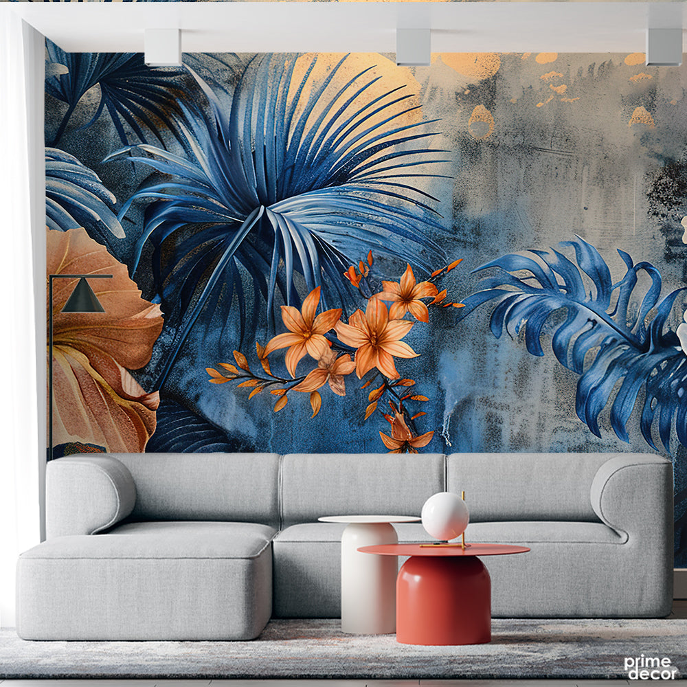Orange Flowers With Blue Abstract Tropical Leaves | Floral Wallpaper Mural - Prime Décor