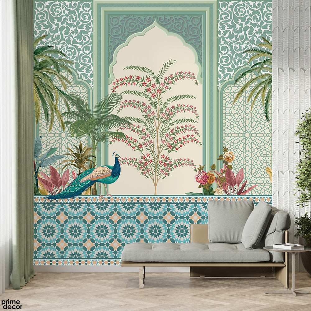 Beautiful Peacock With Mughal Era Style Artwork | Floral Wallpaper Mural