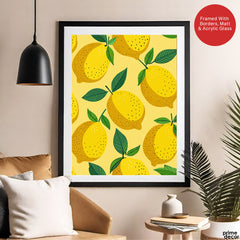 Lemon Fruit Pattern Artwork Over Yellow Background | Abstract Floral Artwork #00701