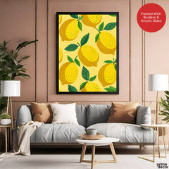 Lemon Fruit Pattern Artwork Over Yellow Background | Abstract Floral Artwork #00701