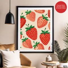 Strawberry Fruit Pattern Artwork Over Beige Background | Abstract Floral Artwork #00702
