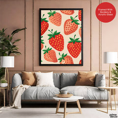 Strawberry Fruit Pattern Artwork Over Beige Background | Abstract Floral Artwork #00702